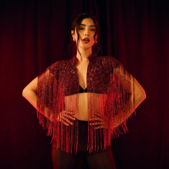 Red Fringe Cape, Rhinestone Beaded Shawl, Luxury Sequin Cape, Festival Outfit - Picture 5 of 13